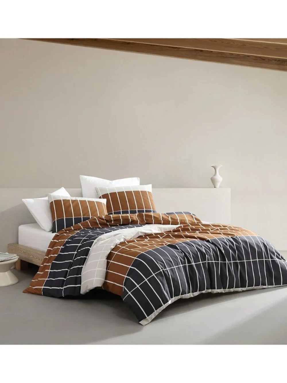 Marimekko Tiiliskivi Raita Brown/Navy KING 3 PCS Duvet Cover/Sham Set. $467